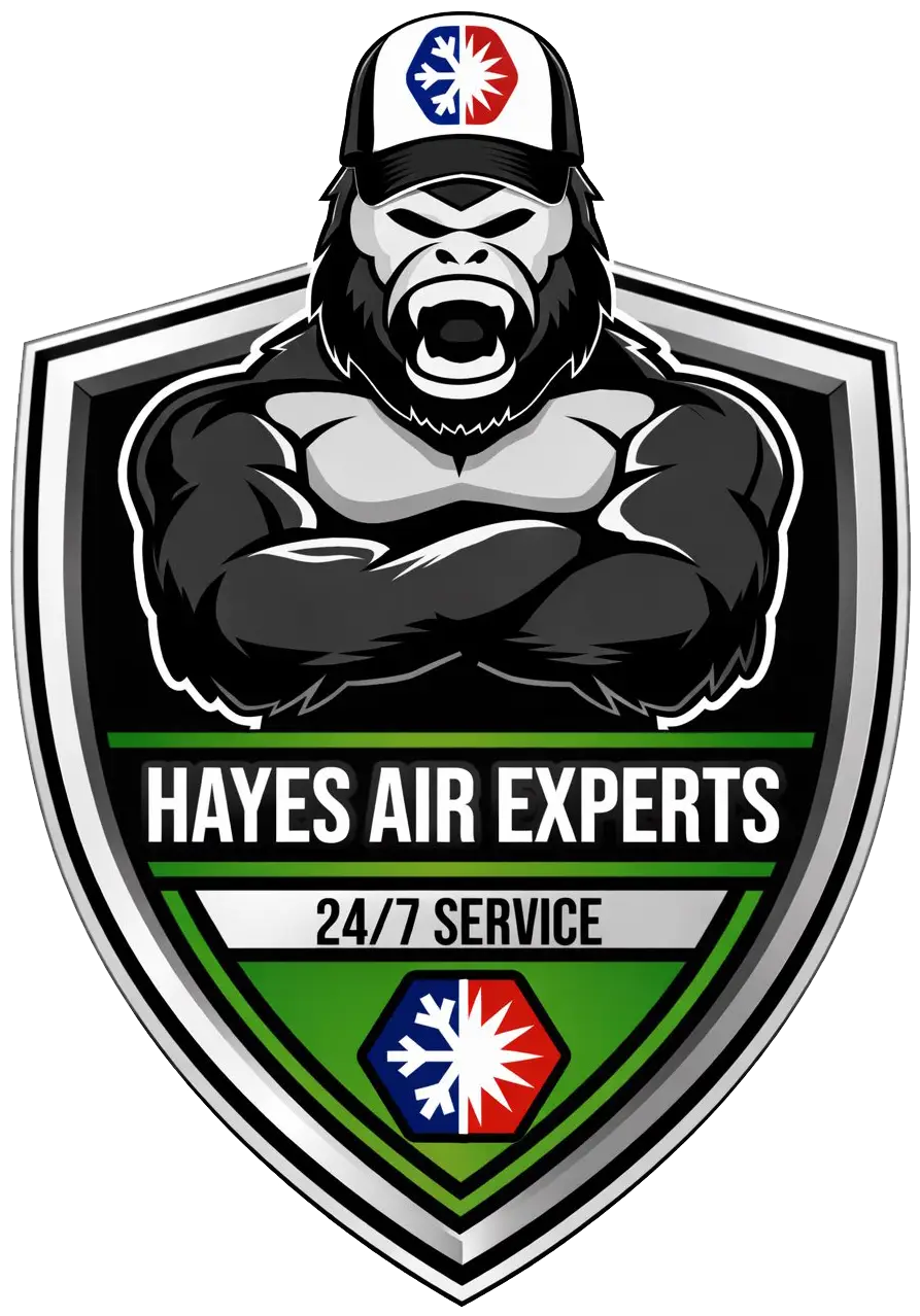 Hayes Air Experts shield logo with gorilla mascot, 24/7 Service text and heating/cooling icon