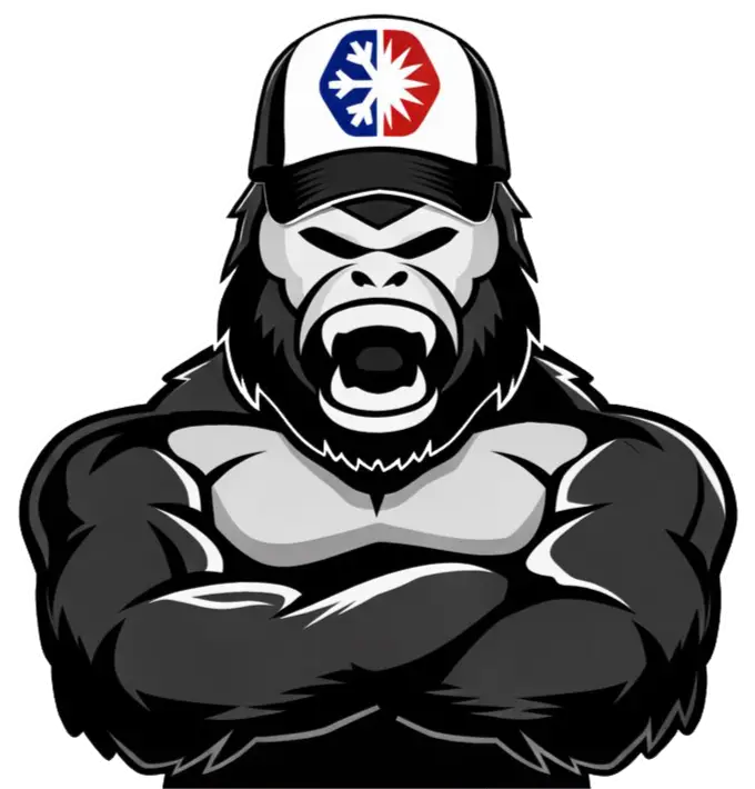 Roaring muscular gorilla mascot wearing a baseball cap with red-blue snowflake logo, arms crossed