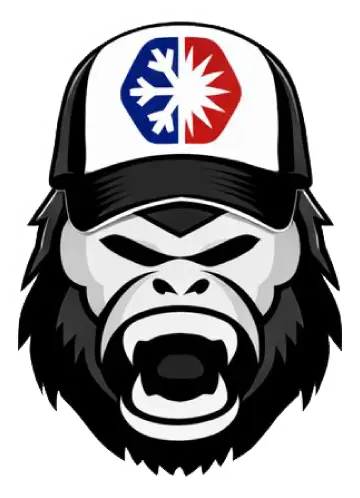 Roaring gorilla mascot wearing a trucker hat with a half-blue snowflake and half-red sun logo