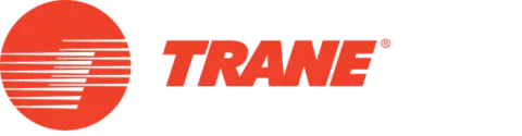 Trane logo: red circular emblem with stylized horizontal lines next to bold red TRANE wordmark for HVAC brand