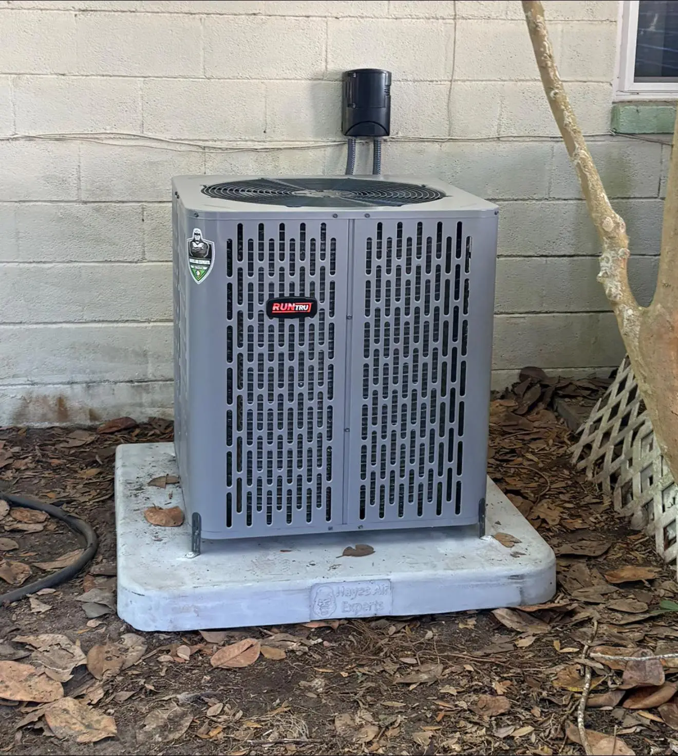 Gray RunTru outdoor air conditioner condenser unit on concrete pad by cinderblock wall with nearby tree
