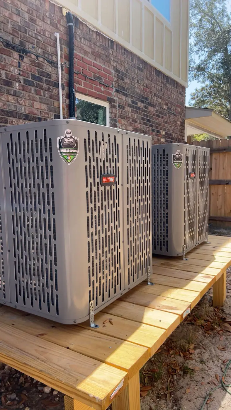 Two outdoor air conditioning units on a wooden platform beside a brick house in sunlight.